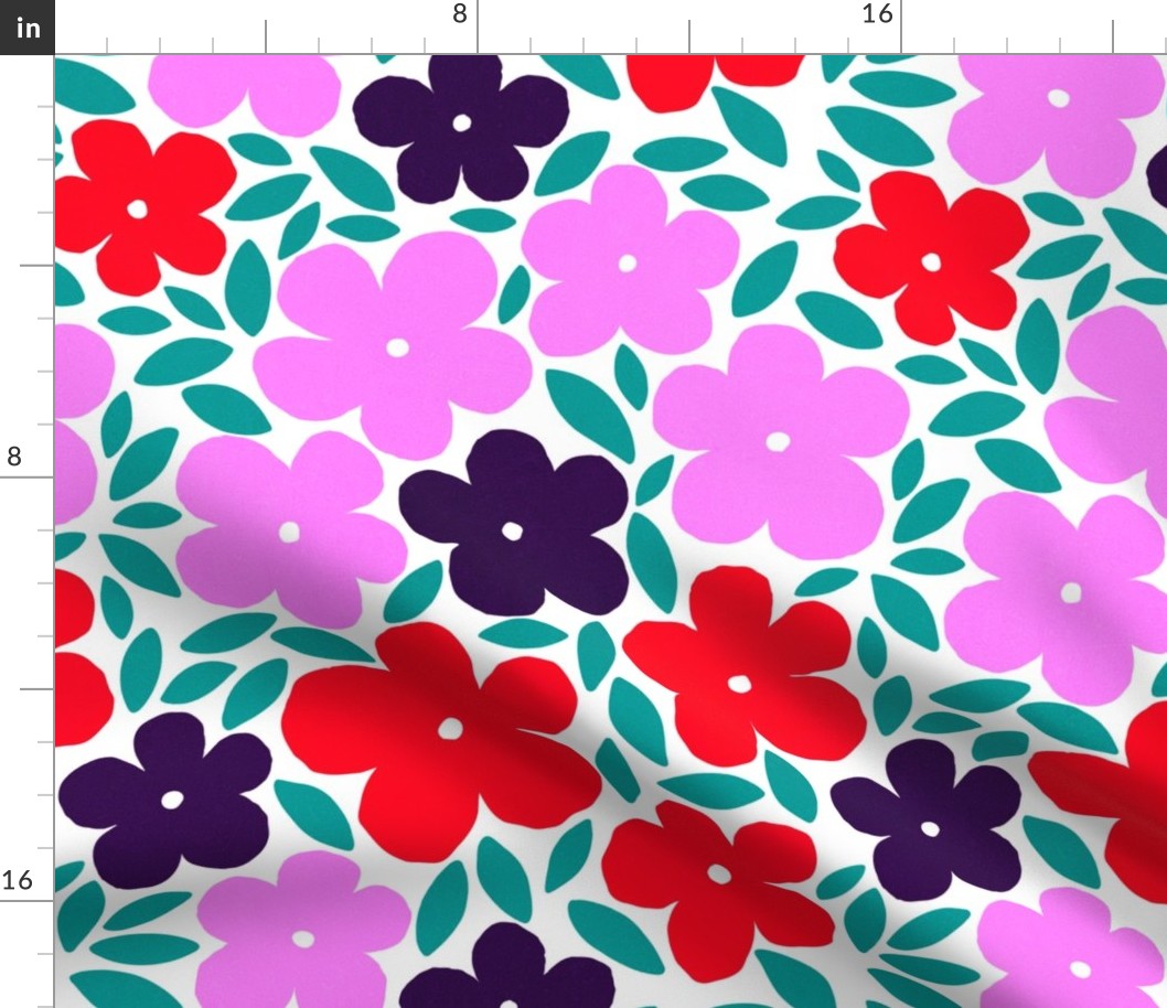 (M) Mid Mod Full bloom Boho 70s Daisy Floral 4. Bright Pink, Red, Teal blue