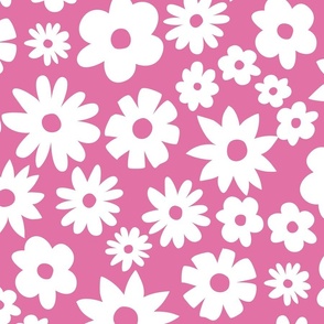 Large daisies. Extra large scale daises on pink background. Jumbo pink flowers. Ditsy Flowers pink and white.