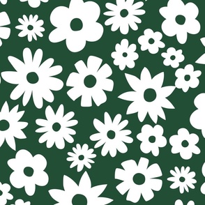 Large white daisies on green background. Extra large scale daises on green background. Jumbo green flowers. Ditsy Flowers green and white.