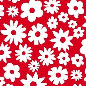 Large white daisies on red background. Extra large scale daises on bright red background. Jumbo red flowers. Ditsy Flowers red and white.