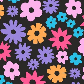 Large colorful daisies on black background. Extra large scale daises on dark gray background. Jumbo bright flowers. Ditsy Flowers in pink, blue, purple and orange on dark grey.