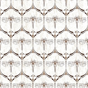 Vintage Glamour Art Nouveau - Dragonflies, Drops, Dots - Brown on White BG with Texture