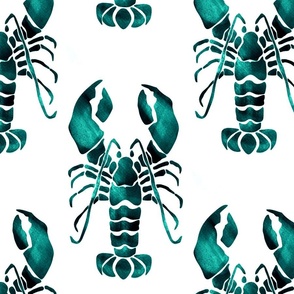 Watercolor Lobster teal emerald green and white unprinted background Crustacean core | large