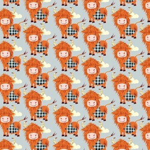 Cute Highland Cows in Plaid on Pale Blue
