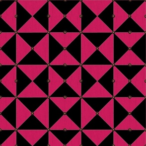 Pink and Black Geometric Cheater Quilt, Faux White Stitching and Buttons 
