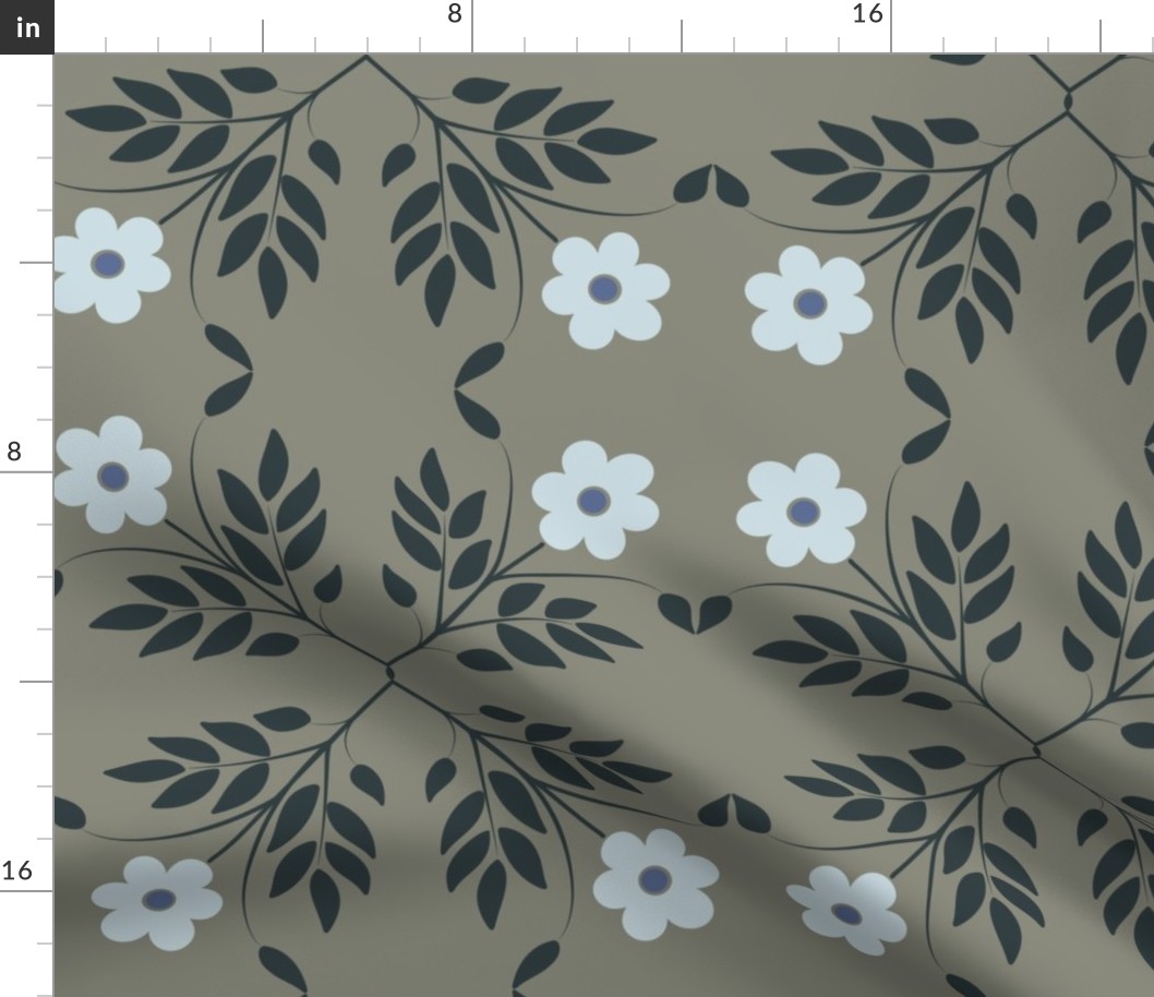 Blue flowers on antique pewterbackground, large  scale