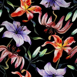 lilies watercolor on black, night garden romantic flowers