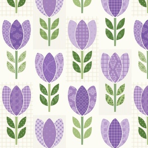 Purple and Lavender Tulips Patchwork  Background Cheater Quilt Verticall Print