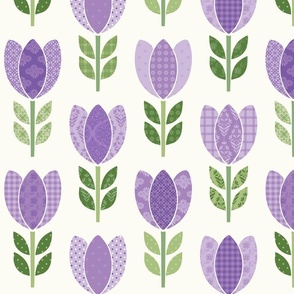 Purple and Lavender Tulips Patchwork Solid Cream Background Cheater Quilt Vertical Print