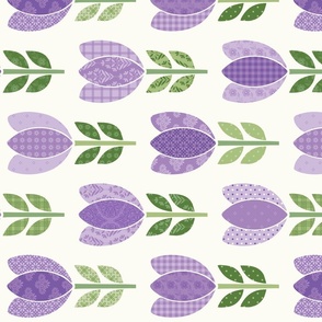  Purple and Lavender Tulips Patchwork Solid Cream Background Cheater Quilt Horizontal Print