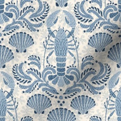 Lobster damask in faded indigo blue -  small scale