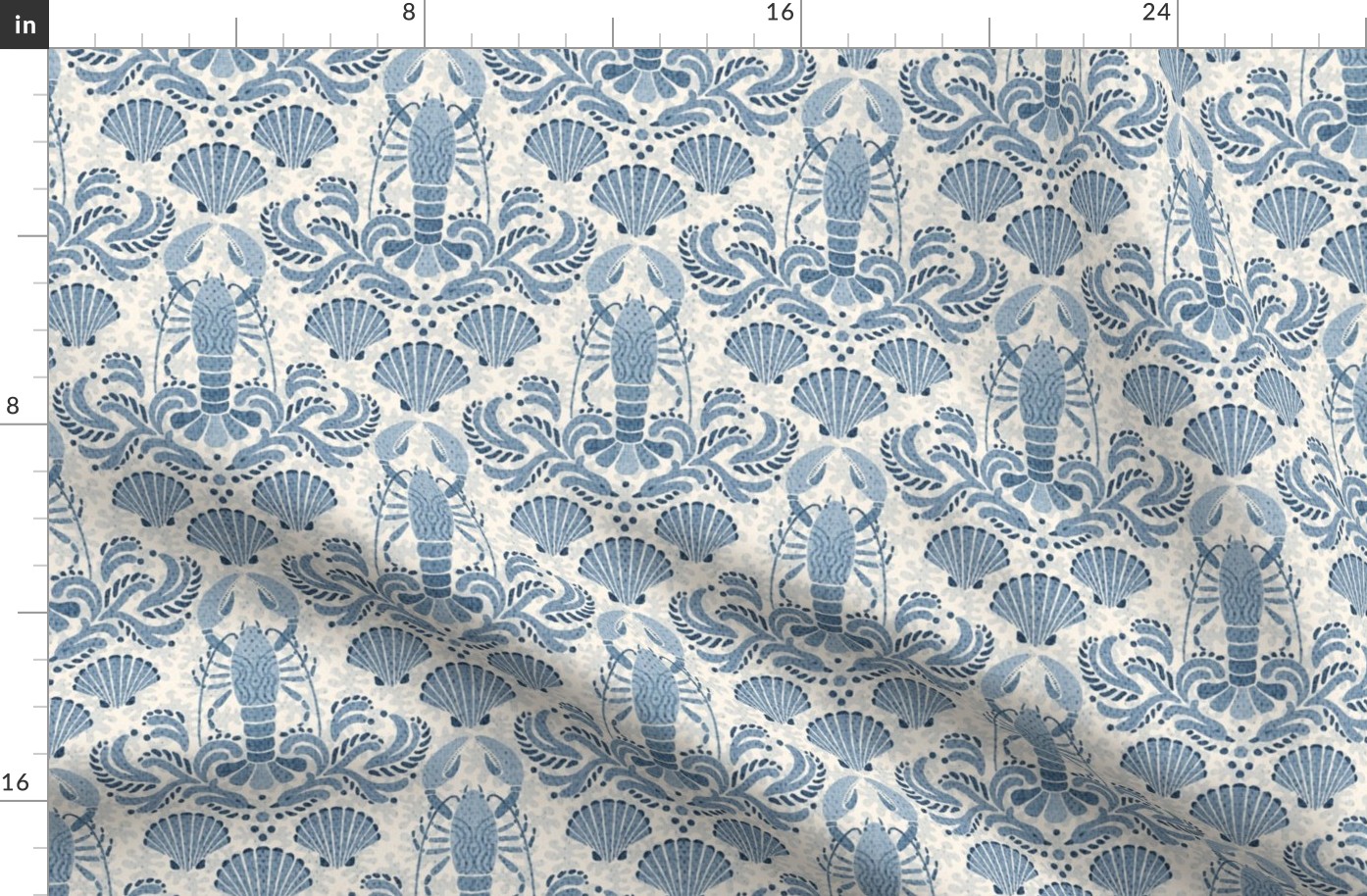 Lobster damask in faded indigo blue -  small scale