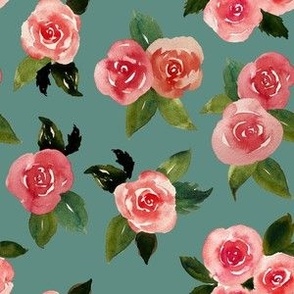 Watercolor Roses on Teal