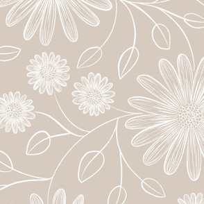 Elegant Floral Line Art - Timberwolf Warm Grey, White - Hand Drawn Botanical