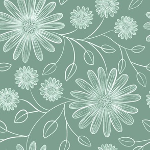Elegant Floral Line Art - Xanadu Blue Green And White - Hand Drawn Botanical