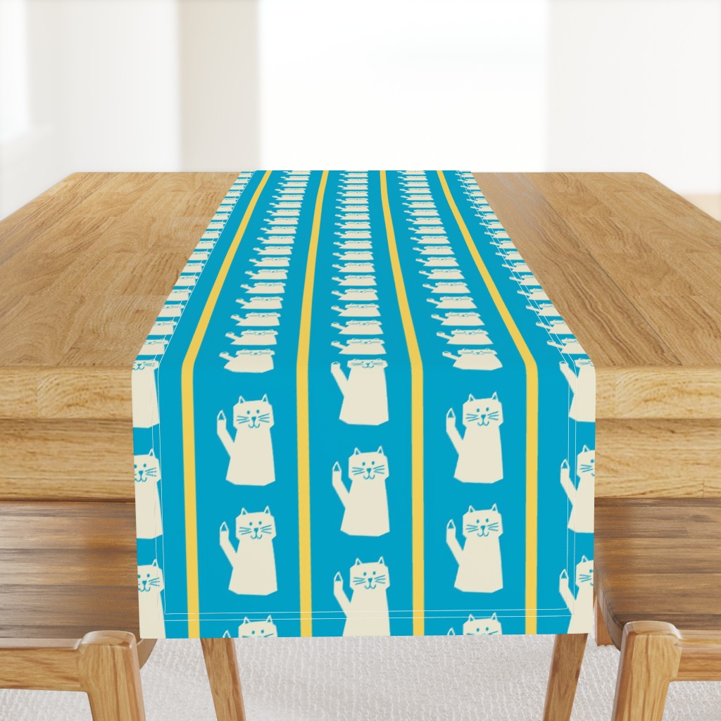 Whisker + Stripes // medium print // Cute Playful Animal Pattern with Creamy White Cat + Yellow Stripes on Blue