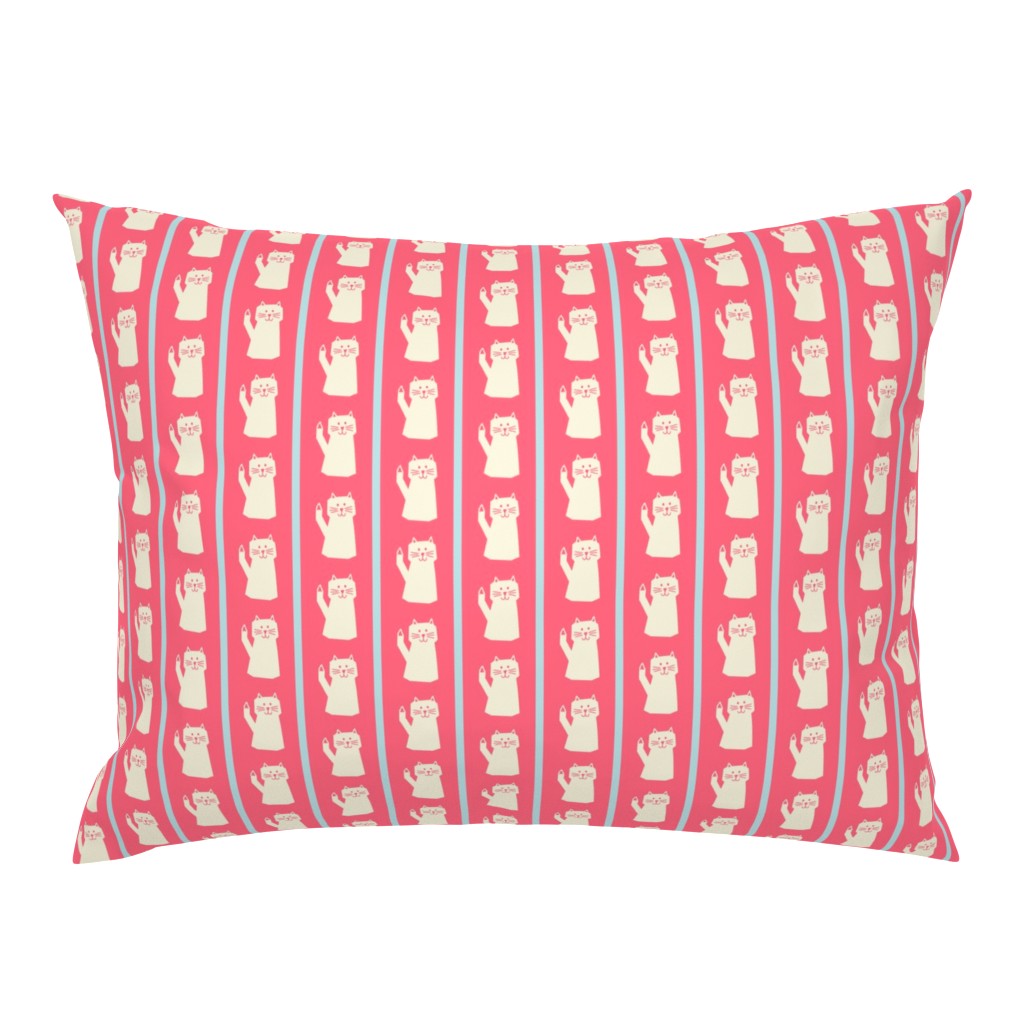 Whisker + Stripes // small print // Cute Playful Animal Pattern with Creamy White Cat + Light Blue Stripes on Coral Pink