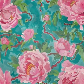 Large pink chinoiserie peonies on green turquoise