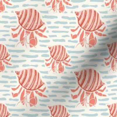 Coastal charm: colorful hermit crabs , block print style, in water ripples in orange and pale blue