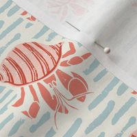 Coastal charm: colorful hermit crabs , block print style, in water ripples in orange and pale blue