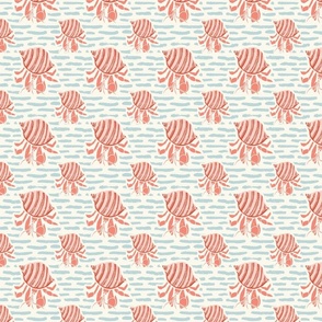 Coastal charm: colorful hermit crabs , block print style, in water ripples in orange and pale blue