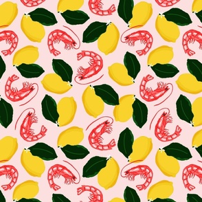 Lemon Shrimp | Bright Summer Lemon and Shrimp Hand-Drawn Pattern in Vibrant Colors