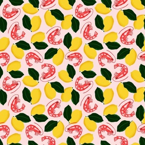 Lemon Shrimp | Bright Summer Lemon and Shrimp Hand-Drawn Pattern in Vibrant Colors