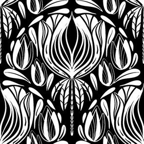 Art Nouveau Floral Scallop, Black, White, Large 