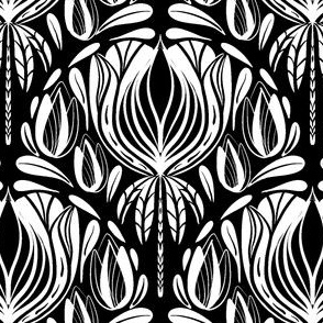 Art Nouveau Floral Scallop, Black, White, Small 