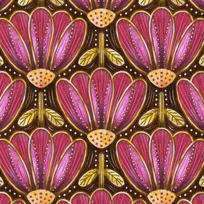 (Small Scale) Vintage Glam Floral Upside Down | Pink & Gold on Dark Brown | Art Deco Nouveau Heritage Gold Metallic