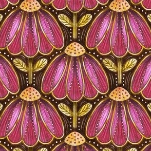 (Small Scale) Vintage Glam Floral | Pink & Gold on Dark Brown | Art Deco Nouveau Heritage Gold Metallic