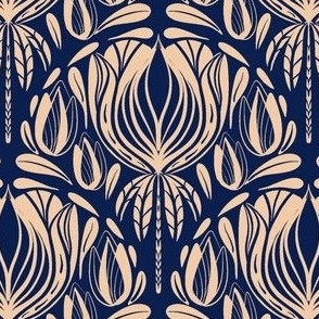 Art Nouveau Floral Scallop, Navy Blue, Peach, Small 