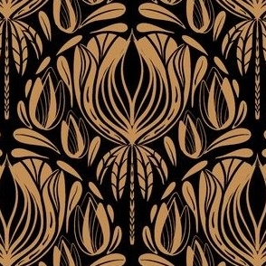 Art Nouveau Floral Scallop, Golden Mustard, Black, Small 