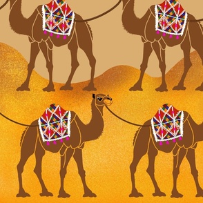 Camels caravan with sand dunes in dessert . 