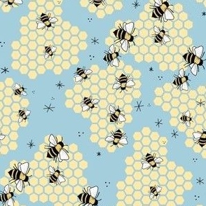 Large Bees and Honeycomb on Sky Blue