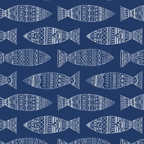 Portuguese doodle sardines - wite on blue