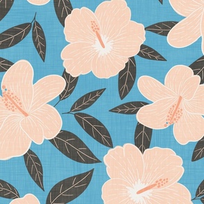 Hibiscus Wallpaper blue, pink and black/grey with linen texture