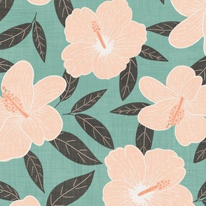 Hibiscus Wallpaper green, pink and black/grey with linen texture