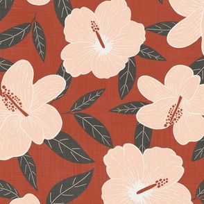 Hibiscus Wallpaper red, pink and black/grey with linen texture