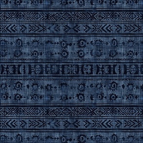 Woven Viking Tribal Nordic Design Rustic Stamped Fabric Dark Deep Rich Indigo Blue 