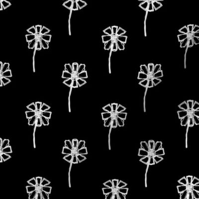 (S) Minimal Boho Daisy Flower Doodle White on Black