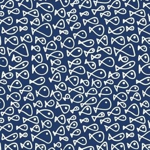 Hand drawn doodle fish - white on blue