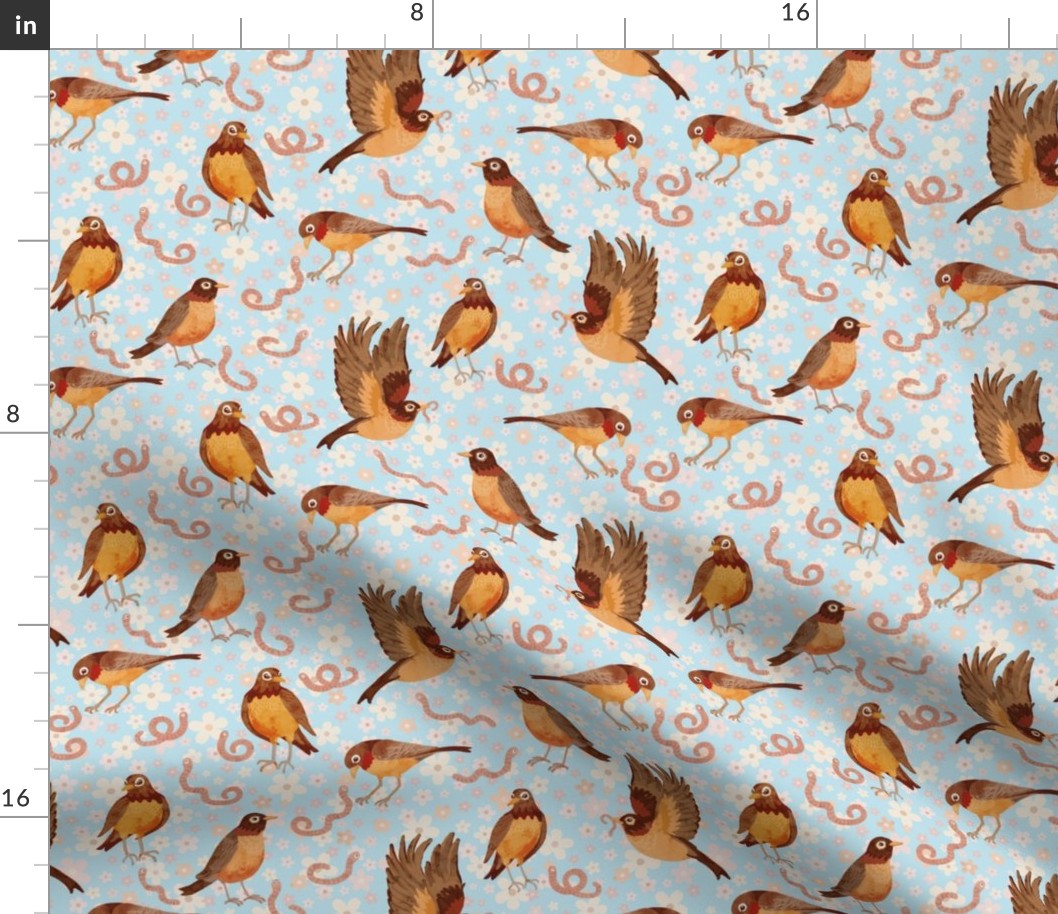 M - Robins with Worms on Boho Small Flowers Sky Blue