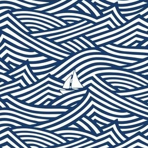 Rough Sea with little sail boat - white and blue