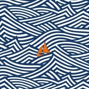 Rough sea with a little sail boat - orange and blue