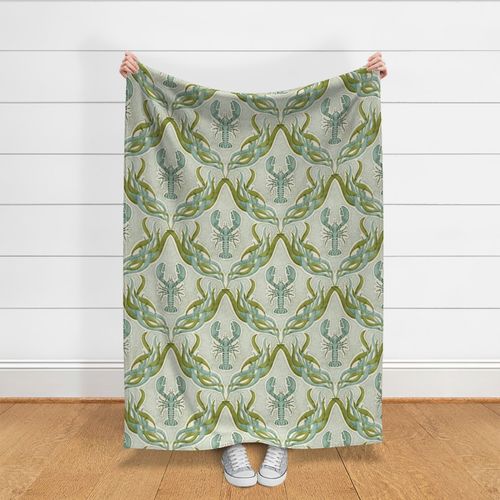 Underwater Habitat- Lobster Seaweed Damask- Nautical Crustacean Summer- Mint Olive Green- Large Scale