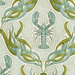 Underwater Habitat- Lobster Seaweed Damask- Nautical Crustacean Summer- Mint Olive Green- Large Scale