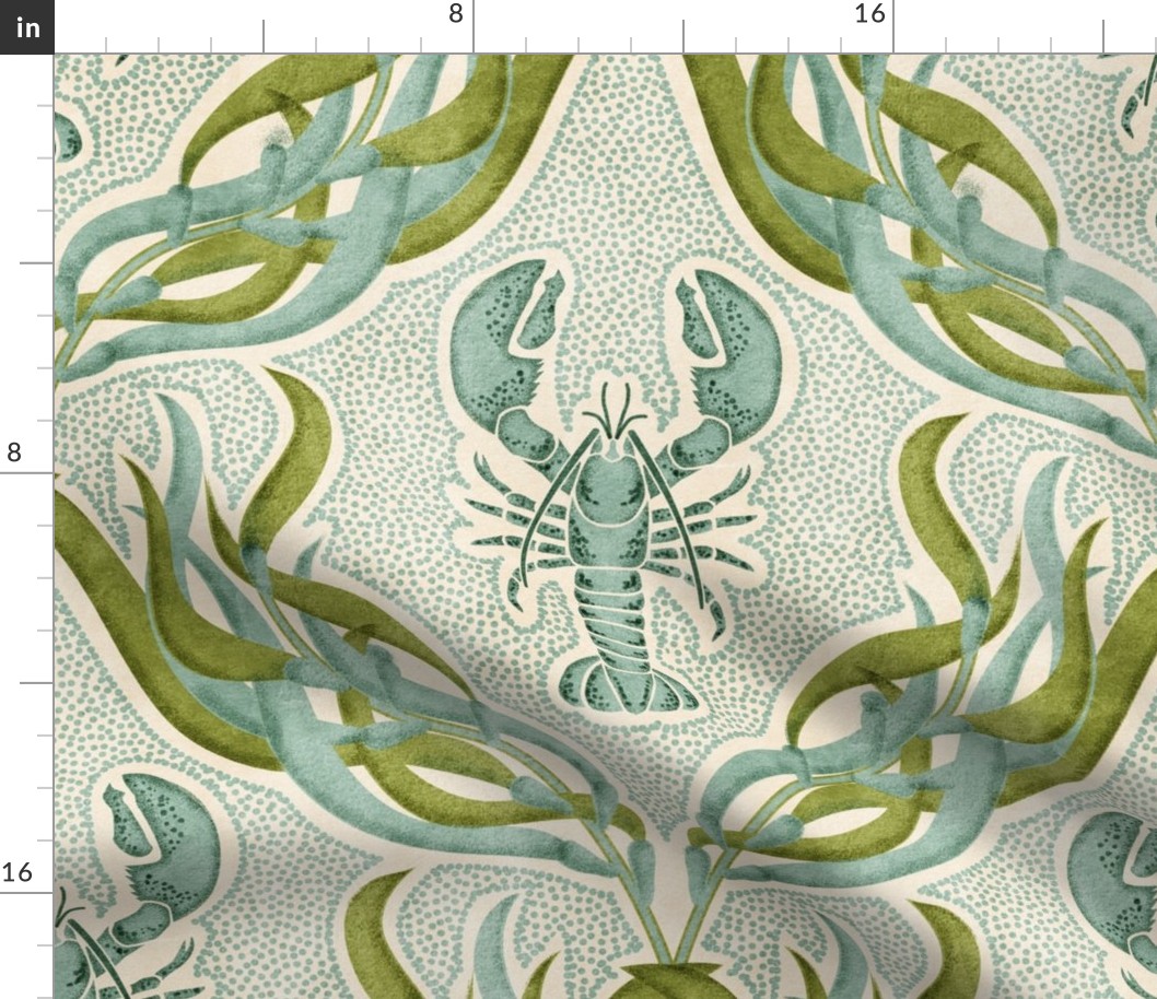 Underwater Habitat- Lobster Seaweed Damask- Nautical Crustacean Summer- Mint Olive Green- Large Scale