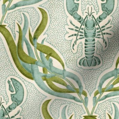 Underwater Habitat- Lobster Seaweed Damask- Nautical Crustacean Summer- Mint Olive Green- Regular Scale