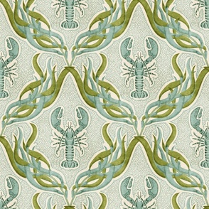 Underwater Habitat- Lobster Seaweed Damask- Nautical Crustacean Summer- Mint Olive Green- Regular Scale